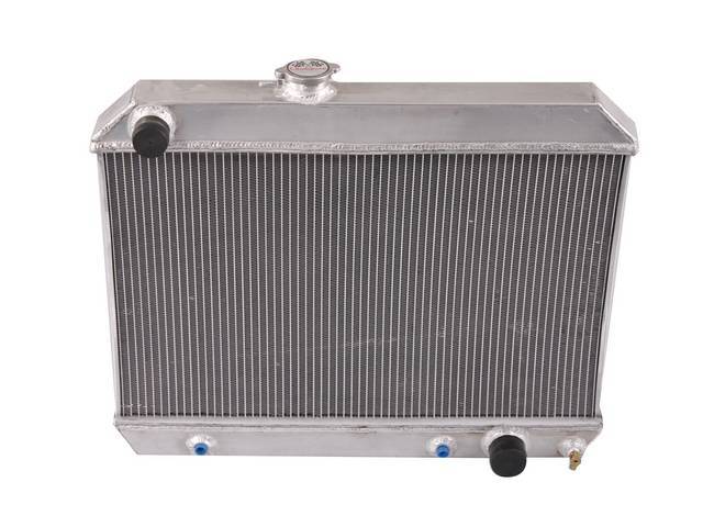 RADIATOR, Down Flow, Champion, Aluminum, 2 Row, 25 inch x 15 3/4 inch x 1 3/4 inch thick core size, 1 1/2 inch LH inlet, 1 3/4 inch RH outlet, Saddle mount, Natural finish 