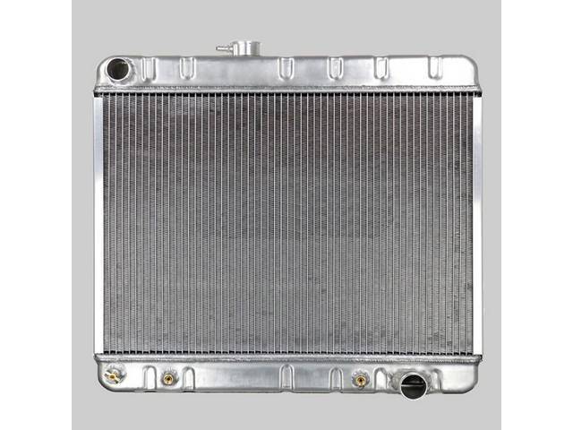 RADIATOR, Down Flow, Aluminum, 2 Row, 25 1/2 inch x 17 1/4 inch x 2 1/4 inch thick core size, 1 1/2 inch LH inlet, 1 3/4 inch RH outlet, natural finish repro
