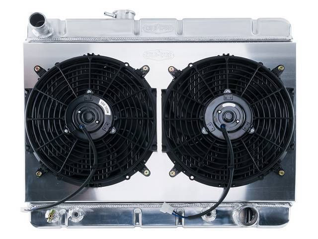 RADIATOR AND FAN KIT, Cold Case, incl down flow 2 row aluminum radiator (OE style, can be painted black for OE look, 25.125 inch width x 17.5 inch height core size, 21.875 inch overall height, 3 inch overall thickness, 1.5 inch LH inlet, 1.8125 inch RH ou