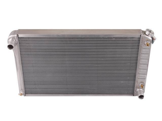 RADIATOR, Cross Flow, Aluminum, 2 Row, 28 1/4 inch x 18 1/4 inch x 2 1/4 inch thick core size, 1 1/2 inch LH inlet, 1 1/2 inch RH outlet, natural finish repro