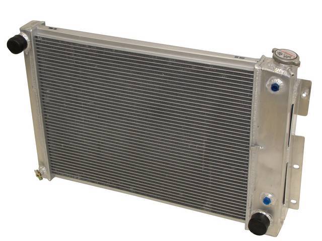 RADIATOR, Aluminum, Champion, 2 Row 23 inch core, W/ transmission cooler, Top LH inlet, Bottom RH outlet, Cross flow design, Incl filler cap and brackets to mount radiator to support