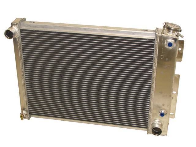 RADIATOR, Cross Flow, Aluminum, 2 row, Champion, 20 3/4 inch core style (actual core measurements: 20.75 inch width x 17 inch height x 1.75 inch thick), 28.75 inch overall width (to the brackets) x 18.5 inch overall height, 1 1/2 inch LH inlet, 1 3/4 inch