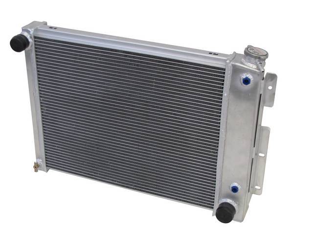 RADIATOR, Cross Flow, Aluminum, 3 Row, Champion, 20 3/4 inch core style (actual core measures: 20 3/4 inch width x 16 3/4 inch height x 2 1/2 inch thick), 28 3/4 inch overall width (to the brackets) x 18 1/2 inch overall height, 1 1/2 inch LH inlet, 1 3/4