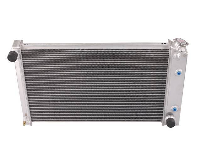 RADIATOR, Cross Flow, Aluminum, 2 Row, Champion, 26 1/4 inch core style (actual core measurements: 26 1/4 inch width x 16 3/4 inch height x 1 3/4 inch thick), 31 1/2 inch overall width x 18 1/4 inch overall height, 1 1/2 inch LH inlet, 1 1/2 inch RH outle