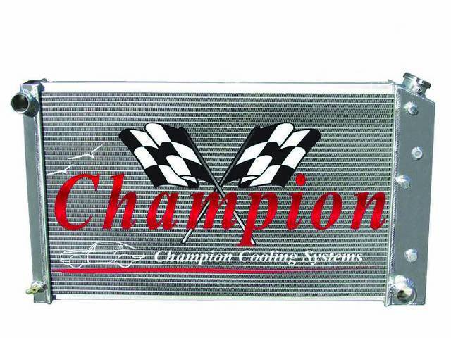 RADIATOR, Cross Flow, Aluminum, 3 Row, Champion, 26 1/4 inch core style (actual core measurements: 26 1/4 inch width x 16 3/4 inch height x 2 inch thick), 31 inch overall width x 18 1/4 inch overall height x 3 inch overall depth, 1 1/2 inch LH inlet, 1 1/
