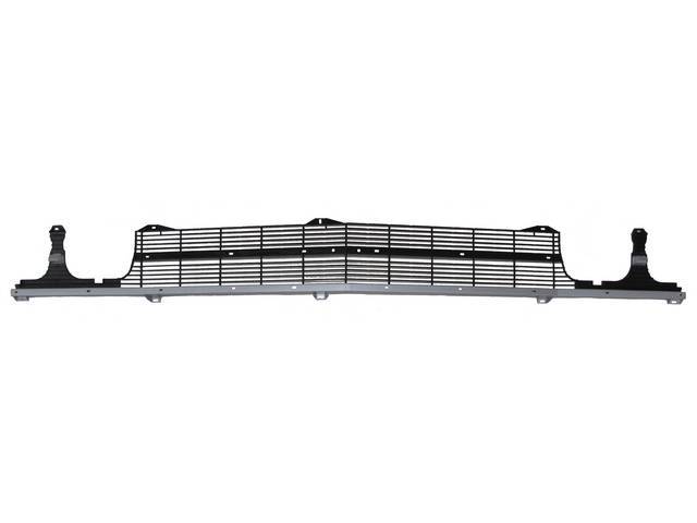 GRILLE, Radiator, features black insets (slats) and gray horizontal bars, plastic, center bar has molding and emblem holes, paint as required, repro