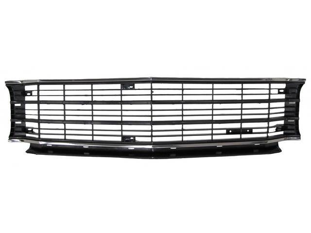 GRILLE, Radiator, Black, Plastic, Incl upper and lower stainless moldings (2), Repro