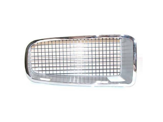 GRILLE, Radiator, Black w/ silver surround and chrome molding, RH, Repro