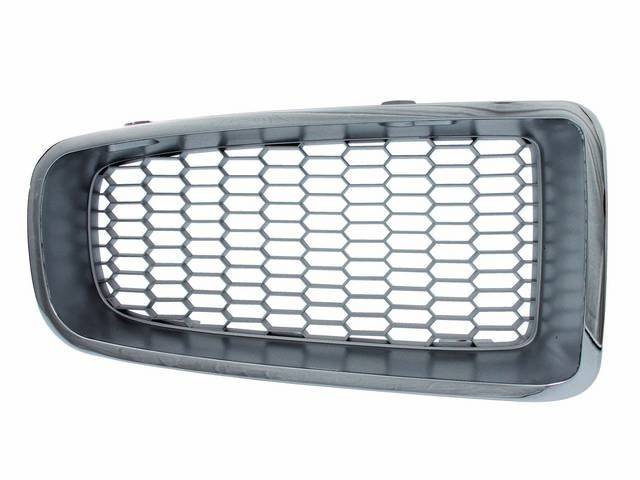 GRILLE, Radiator, Injection Molded, Silver grille and surround w/ die-cast outer chrome molding, RH, Hardware not incl, Repro