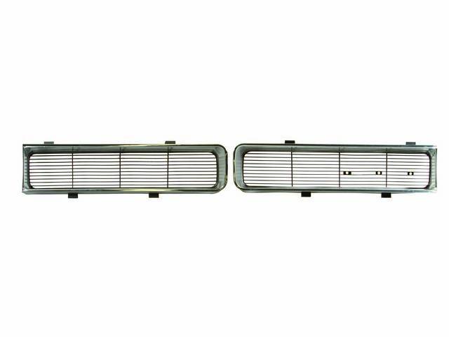 GRILLE SET, Radiator, RH and LH, triple chrome plated and detailed in silver and black like OE, ABS-Plastic construction, incl mounting hardware, repro