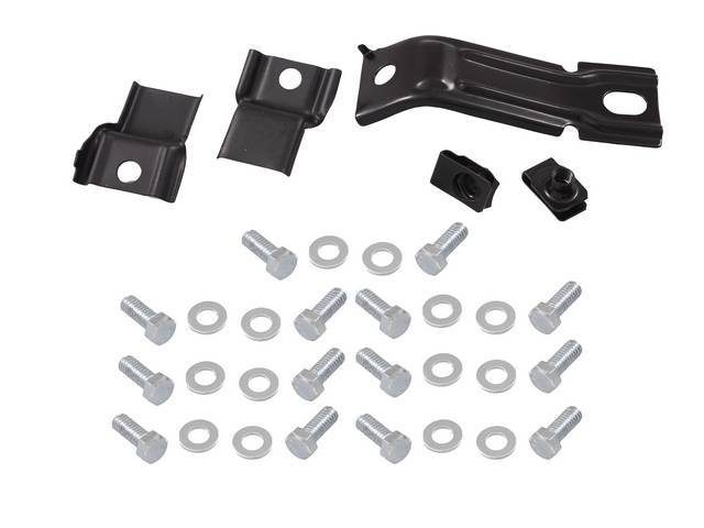 Radiator Core Support Bracket Kit, Incl (3) lower & (1) side bracket, and mounting hardware, reproduction