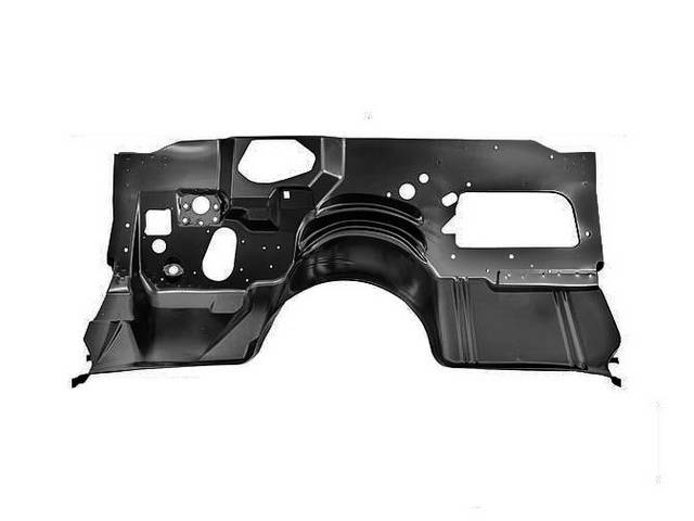 PANEL, Firewall, Front Lower, incl toe boards and factory cutouts for fuse box, master cylinder / booster, clutch pedal rod, steering column, parking brake cable, wiper / washer motor, accelerator pedal and wiring holes, incl frame cushion brackets, 53 in