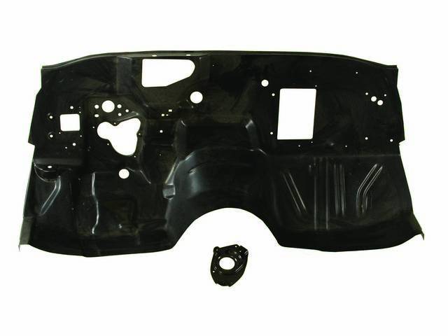 PANEL, Firewall, Front Lower, incl toe boards and factory cutouts for fuse box, master cylinder / booster, clutch pedal rod, steering column, parking brake cable, wiper / washer motor, accelerator pedal and wiring holes, EDP coated steel, repro