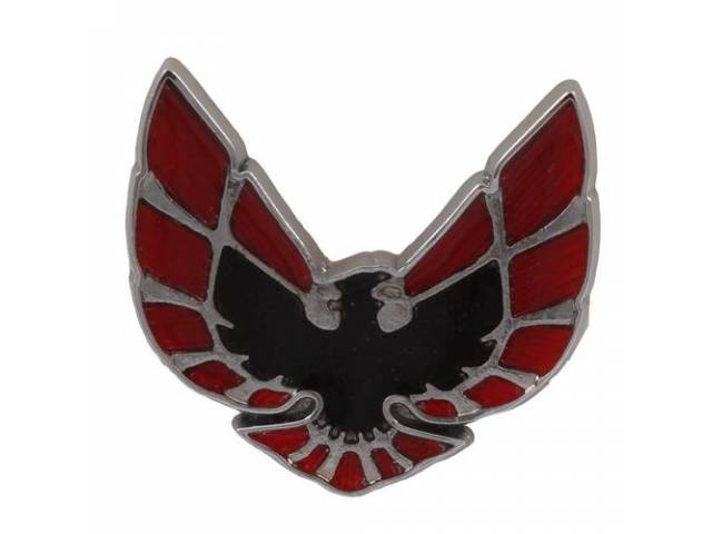 EMBLEM, Sail Panel Bird, black and red inlaid *Bird* w/ chrome surround, incl 3M adhesive tape for installation, OER repro