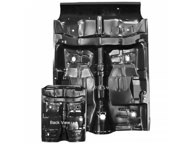 FLOOR PAN, Complete (incl transmission tunnel w/ shifter cable hole, pre-punched drain holes and rear seat pan), 77 1/4 inch length x 60 1/2 inch width, 20 gauge steel, EDP coated repro