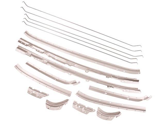 HEADLINER RETAINER / TACK STRIP KIT, Roof Panel, for use w/ fabric or vinyl headliners, (16) incl 11 tack strip reinforcements and 5 bows, weld through primer finish, repro
