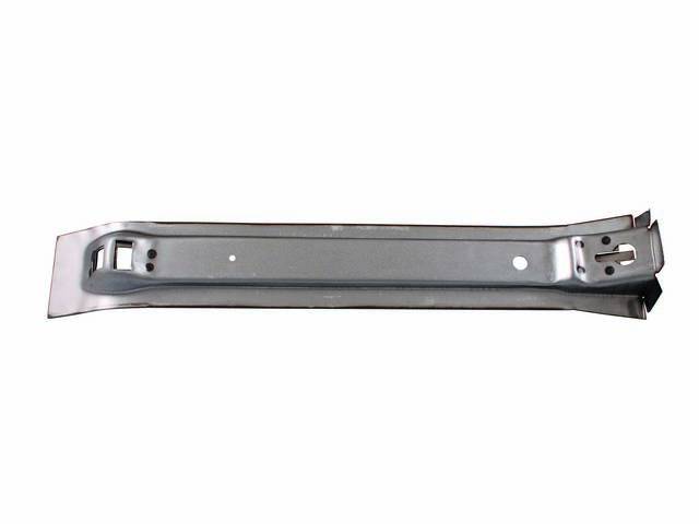 SUPPORT, Rear Compartment / Trunk Floor Pan To Fuel Tank Strap, RH or LH, 4 Inch Wide x 26 3/4 Inch Over All Length, 21 Gauge Steel, Bare Steel Finish, Repro
