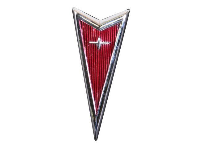 EMBLEM, Grille / Header, *Arrowhead*, installs in the center of the painted section of the grille, chrome finish w/ red center, repro