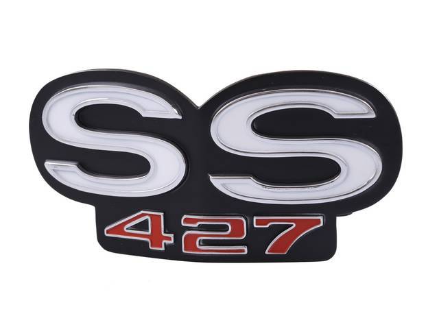 EMBLEM, GRILLE, *SS427*, incl retaining plate and attaching hardware, US-made Repro