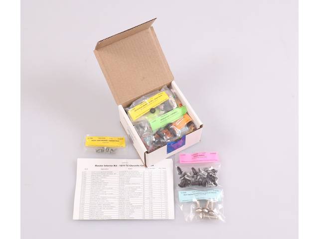 HARDWARE KIT, Master Interior, correct fasteners to attach interior components in a discounted kit versus purchasing individual smaller kits, (413) incl OE style fasteners w/ correct color and markings