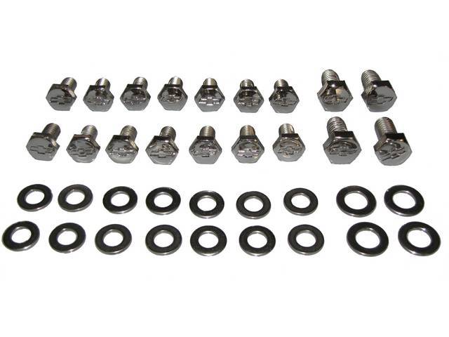 BOLT AND WASHER KIT, Engine Oil Pan, (36) incl hex cap polished stainless bolts w/ *Bowtie* (14 - 5/8 Inch Over All Length, 4 - 3/4 Inch Over All Length) and 18 flat washers, Repro