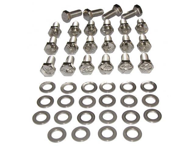 BOLT AND WASHER KIT, Engine Oil Pan, (44) incl hex cap polished stainless bolts w/ *Bowtie* (.92 Inch Over All Length W/ Hex Head) and flat washers, Repro