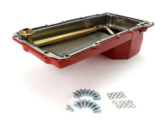 LS Conversion Engine Oil Pan, 5 Quart Capacity, Red Stamped Steel, Rear Sump