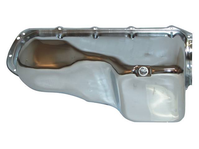 OIL PAN, Engine, chrome plated steel, stock capacity, 17 bolt holes (most 1969-earlier engine blocks had 16 bolt holes), incl drain plug, does not incl reinforcement tabs (p/n C-1426-231AP), repro
