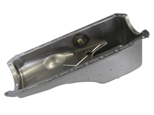 OIL PAN, Engine, Steel, 4 quart, bare steel finish, RH passenger side dipstick location, incl drain plug, repro  ** OE design w/ hole in center front of pan where timing cover meets the pan, must use w/ OE-type oil pan gaskets or seal hole w/ silicone to 