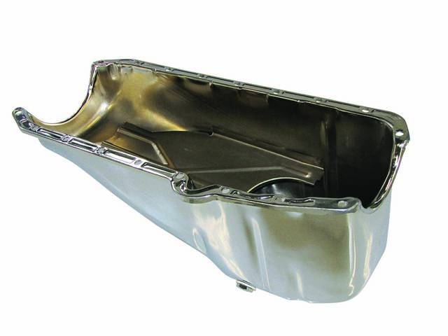 OIL PAN, Engine, steel, chrome plated, LH driver side dipstick, 4 quart capacity, features notches like original oil pans, incl drain plug, OE style repro