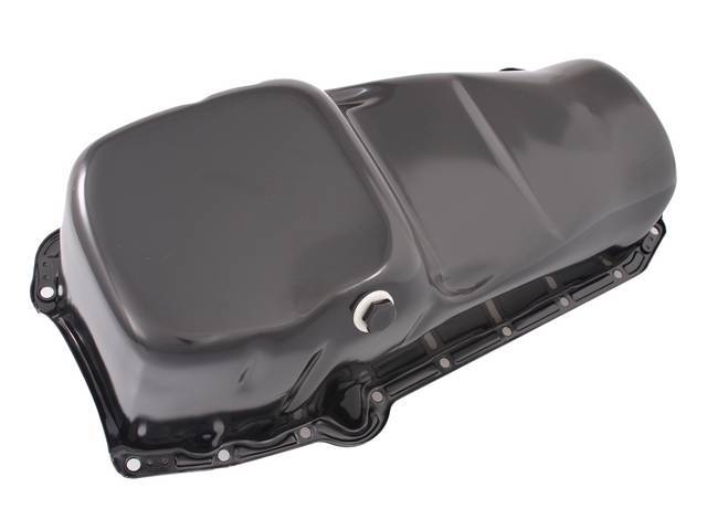 OIL PAN, Engine, steel, black painted, LH driver side dipstick, 4 quart capacity, features notches like original oil pans, incl drain plug, OE style repro