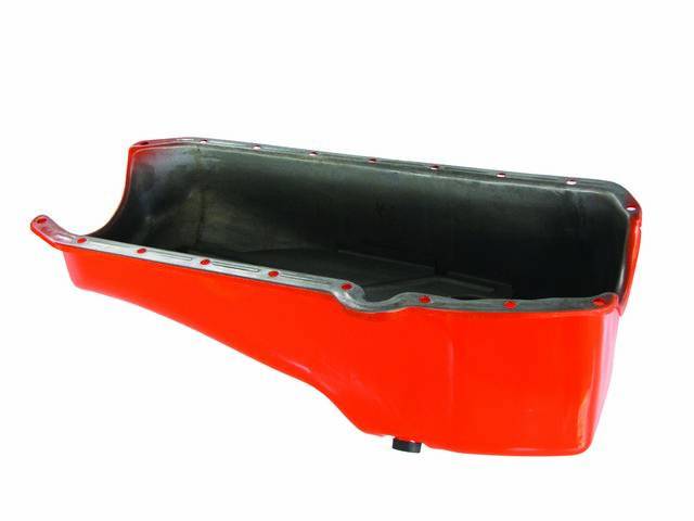 OIL PAN, Engine, steel, orange painted, LH driver side dipstick, 4 quart capacity, smooth bottom (originals had notches), incl drain plug, OE style repro