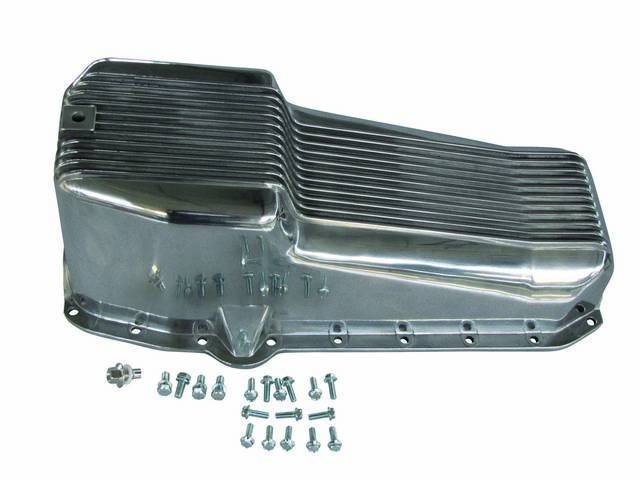 OIL PAN, Engine, finned polished aluminum, LH driver side dipstick, 4 quart capacity, incl drain plug, OE style repro