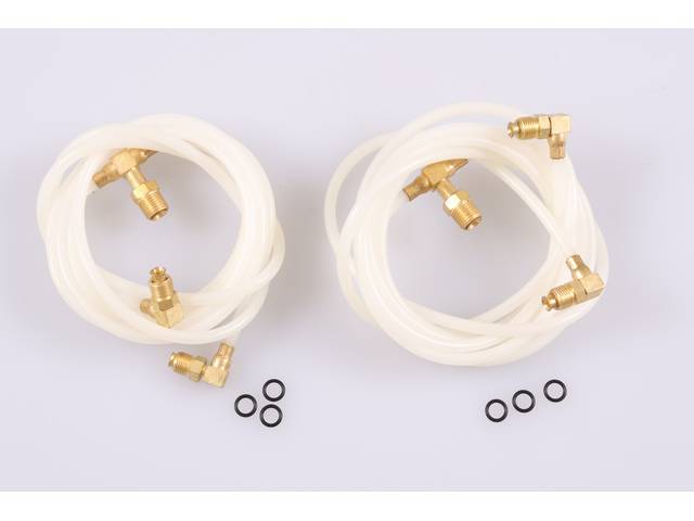 HOSE SET, Convertible Top / Folding Top Motor to Lift, Correct white tubing w/ fittings (90 degree ends and *T* in center), works w/ OE or repro parts, ** Upper hose 108 inches overall length (54 x 54 inches on either side of *T* center fitting), Lower ho