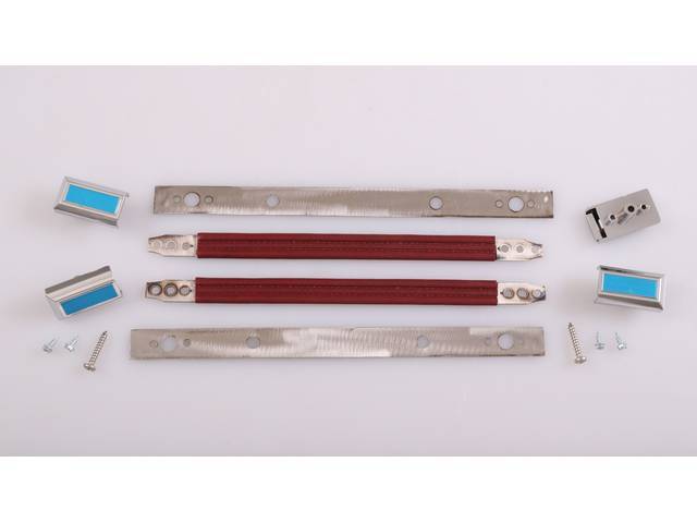Door Panel / Pull Strap, includes 13" Maroon Straps, Reinforcements, Chrome End caps, and mounting hardware for both sides, reproduction