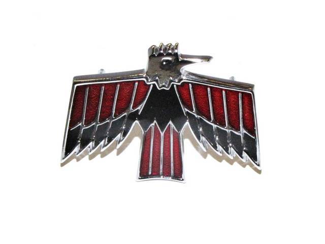 PLATE / EMBLEM, Front Door Trim Pad / Panel Name, *Bird*, Red and Black W/ Chrome Surround, Better Repro, ** See C-14691-400AK For Fastener Kit, 1 Reqd **