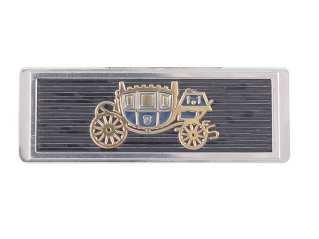 DECAL / INSERT, Seat Belt Buckle, *Fisher Body*, Black W/ Gold and Blue Stagecoach, Stamped Metal, repro