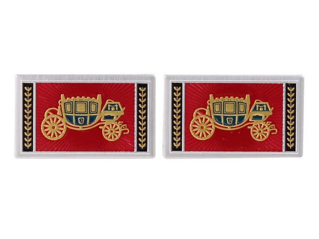 DECAL / INSERT, Seat Belt Buckle, *Fisher Body*, Red W/ Gold and Blue Stagecoach, Stamped Metal, repro