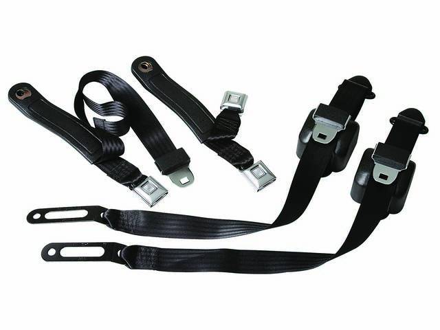 Seat Belt Set, Lap and Shoulder LH and RH plus center Lap, Black, Incl Silver Buckle w/ Starburst button in black sleeve and Retractor, reproduction