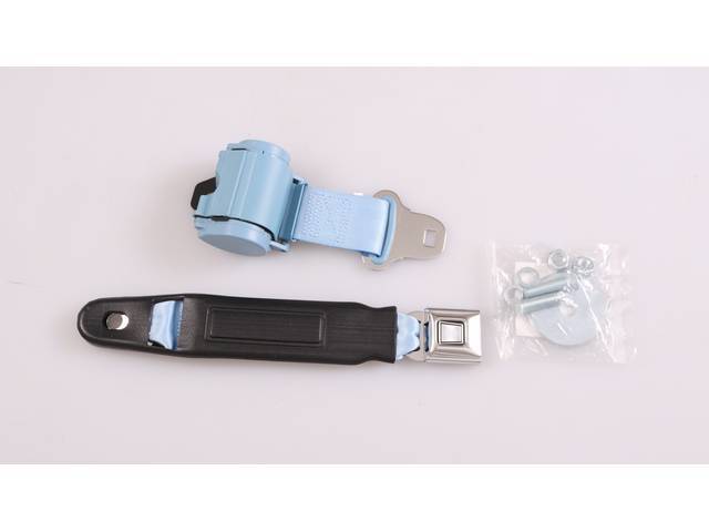 Retractable Lap Seat Belt, Front Bucket, Light Blue, incl mounting hardware, replacement