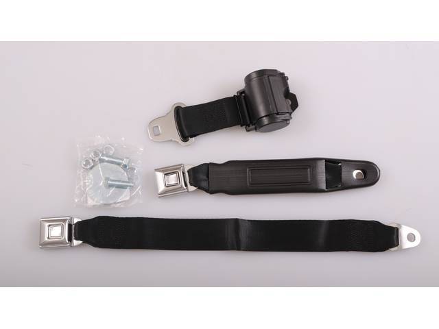 Retractable Lap Seat Belt, Front Bench, Black, incl mounting hardware, replacement