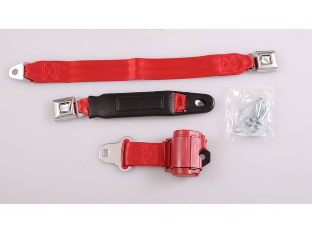 Retractable Lap Seat Belt, Front Bucket, Bright Red, incl mounting hardware, replacement