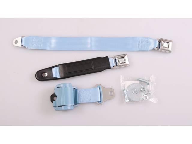 Retractable Lap Seat Belt, Front Bench, Light Blue, incl mounting hardware, replacement