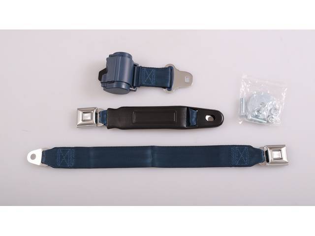 Retractable Lap Seat Belt, Front Bench, Dark Blue, incl mounting hardware, replacement