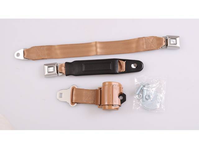 Retractable Lap Seat Belt, Front Bench, Tan, incl mounting hardware, replacement