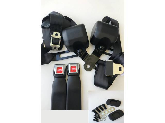 Front Bucket Seat 3-Point Retractable Seat Belt Conversion Set, Coupe, Black belts with Red Push Button Emblem in silver buckles, Reproduction for (67-73)