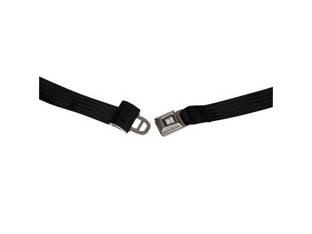 Front Bench Seat 3-Point Retractable Seat Belt Conversion Set, Black belts with Starburst emblem in silver buckles, Reproduction for (66-73)