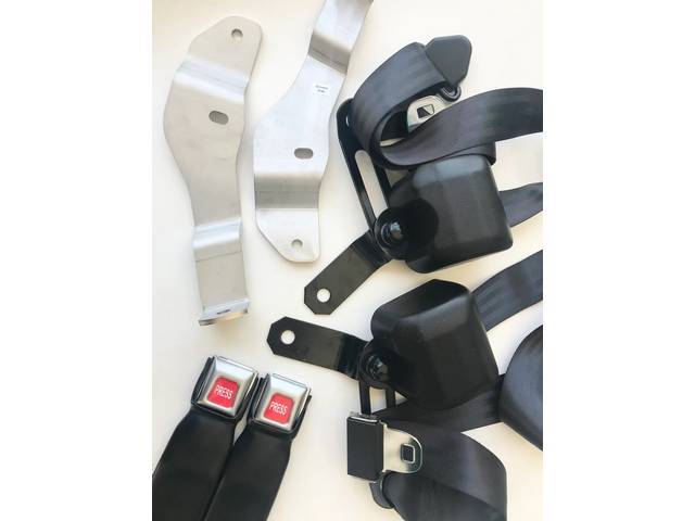 Front Bucket Seats 3-Point Retractable Seat Belt Conversion Set, Convertible, Black belts with Red Push Button emblem in silver buckles, Reproduction for (68-69)