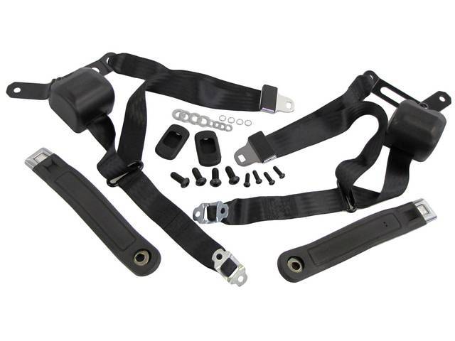 Front Bucket Seats 3-Point Retractable Seat Belt Conversion Set, Coupe, Black belts with Starburst emblem in silver buckles, Reproduction for (67-69)