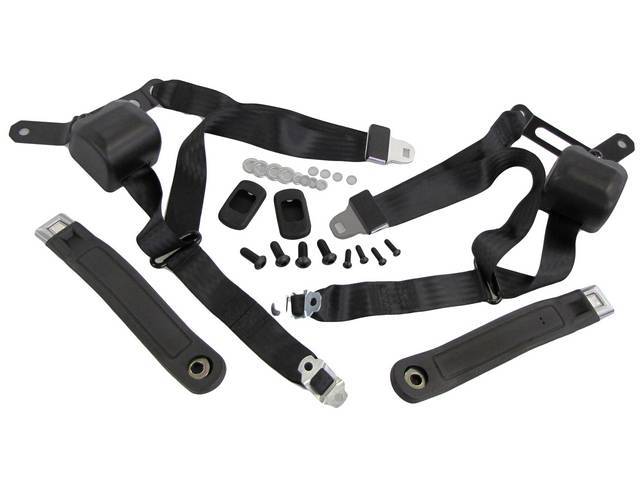 Front Bucket Seats 3-Point Retractable Seat Belt Conversion Set, Black belts with Starburst emblem in silver buckles, Reproduction for (70-73)